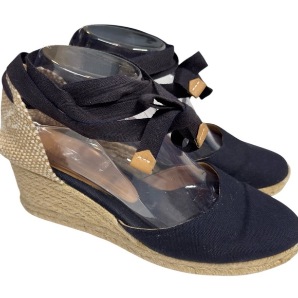 Castañer Carina Navy Canvas Espadrille Wedge Sandals Ankle Tie Size 39 US 8.5-9 - Picture 4 of 9